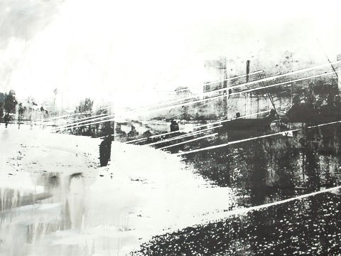 Rybáři, sítotisk a olej na plátně, 290 x 150 cm, 2008